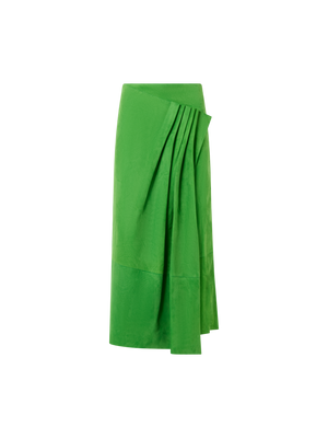 Designer Asymmetrical Skirt with Front Gathering in Suede - green