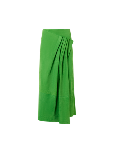 Designer Asymmetrical Skirt with Front Gathering in Suede - green