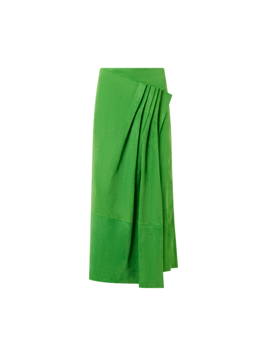 Designer Asymmetrical Skirt with Front Gathering in Suede - green