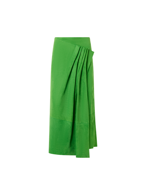 Designer Asymmetrical Skirt with Front Gathering in Suede - green