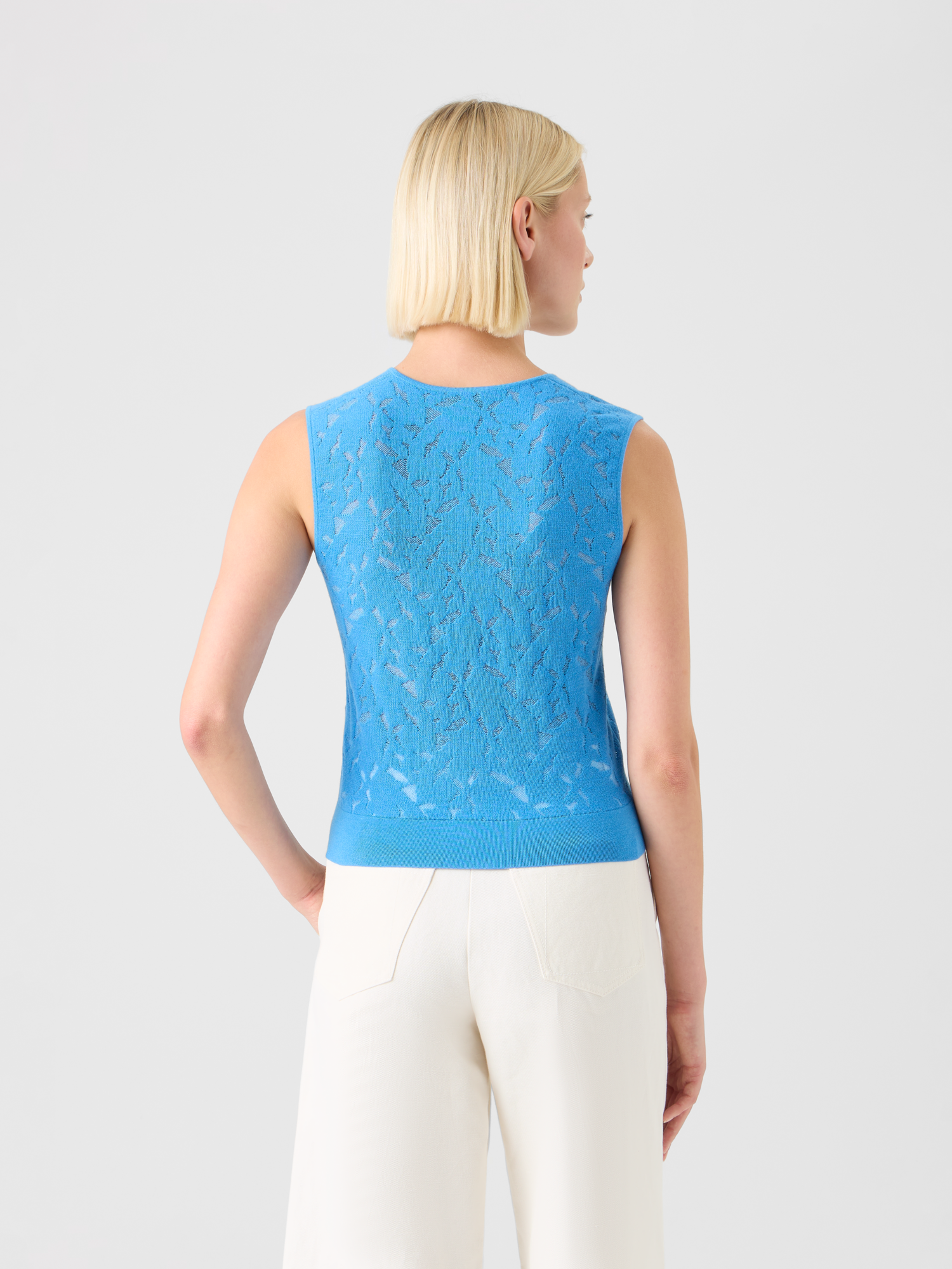 Designer Wool-Silk Intarsia Knit Top - blue 