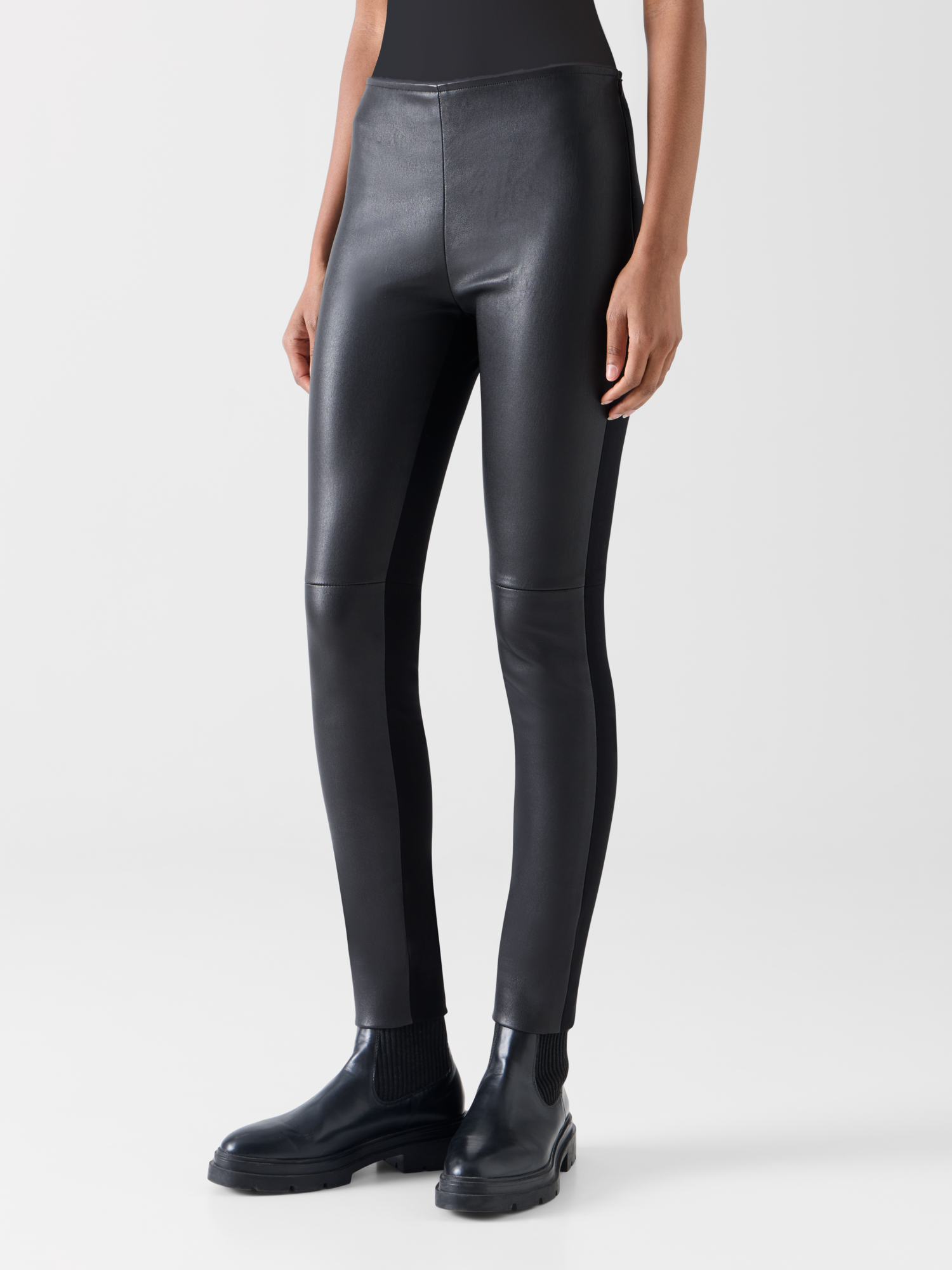 Designer Skinny Pants in Lamb Nappa Leather Front and Jersey Back - black 