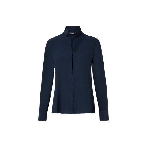 Long Sleeve Silk Blouse with Stand-up Collar
