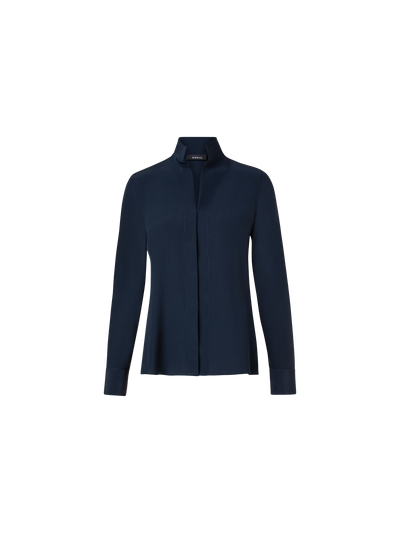 Designer Long Sleeve Silk Blouse with Stand-up Collar - navy - blue