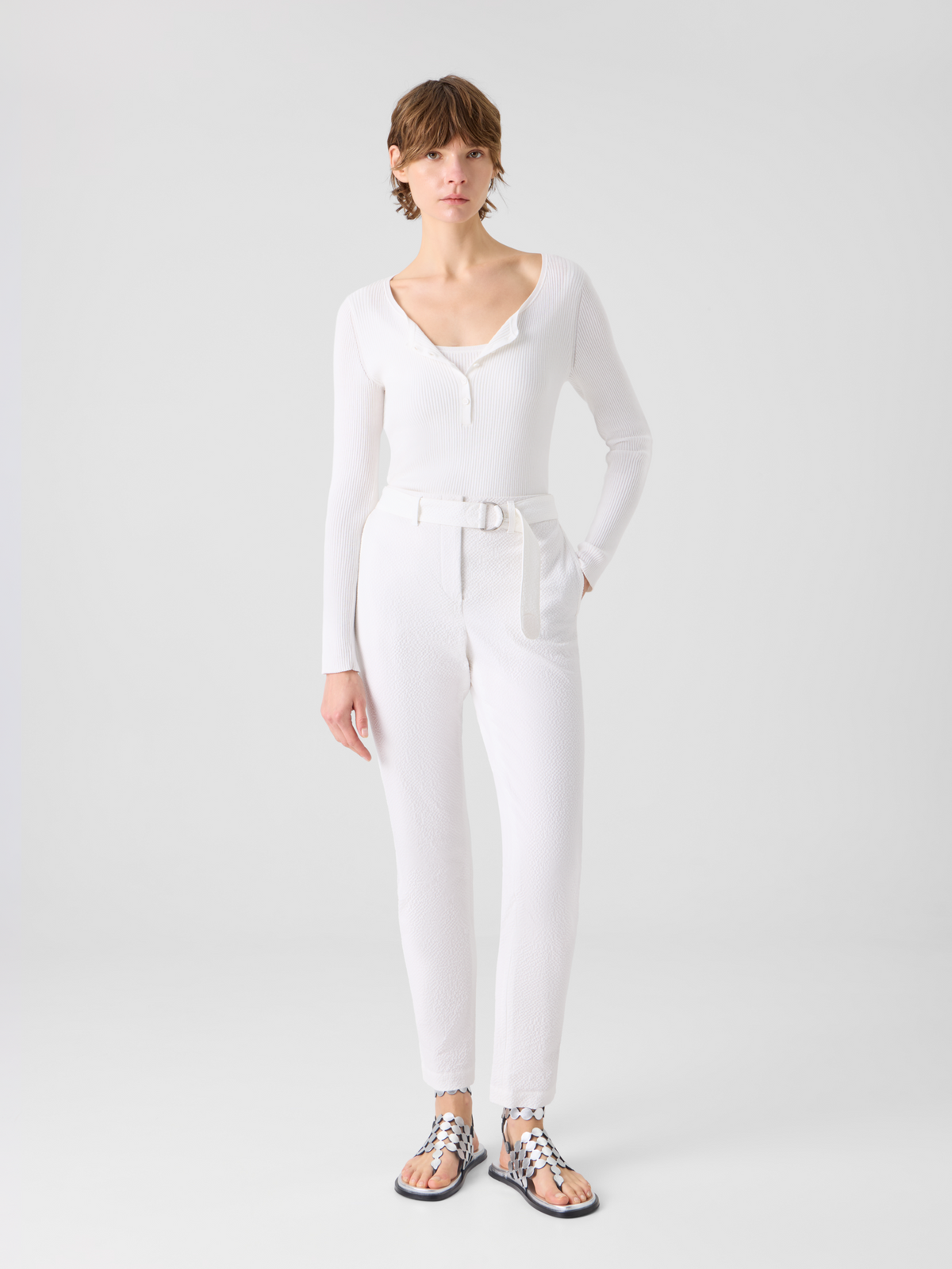 Designer Fallon Mid-Rise Cotton Seersucker Tapered Pants - white #editorial