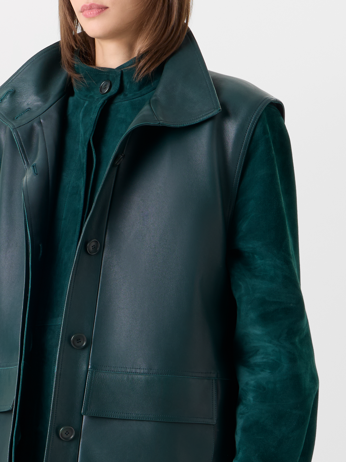 Designer Suede Blouson with Nappa Leather Gilet - green #editorial
