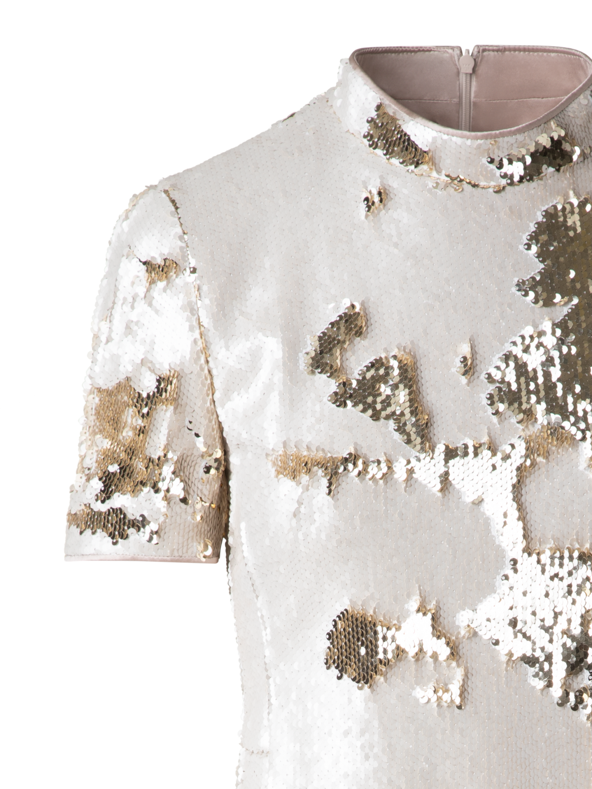 Designer Dual Sequined Sheath Dress with Short Sleeves - multicolor - beige - gold