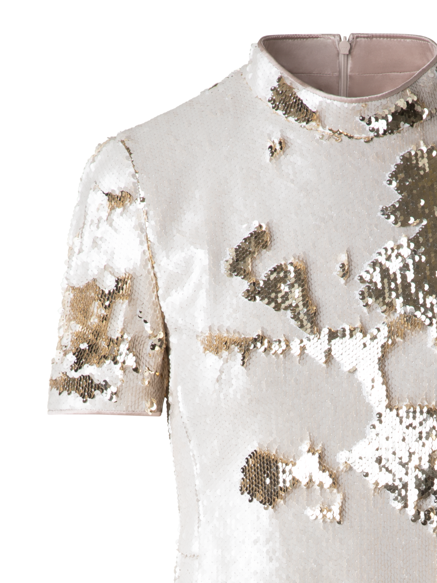 Designer Dual Sequined Sheath Dress with Short Sleeves - multicolor - beige - gold