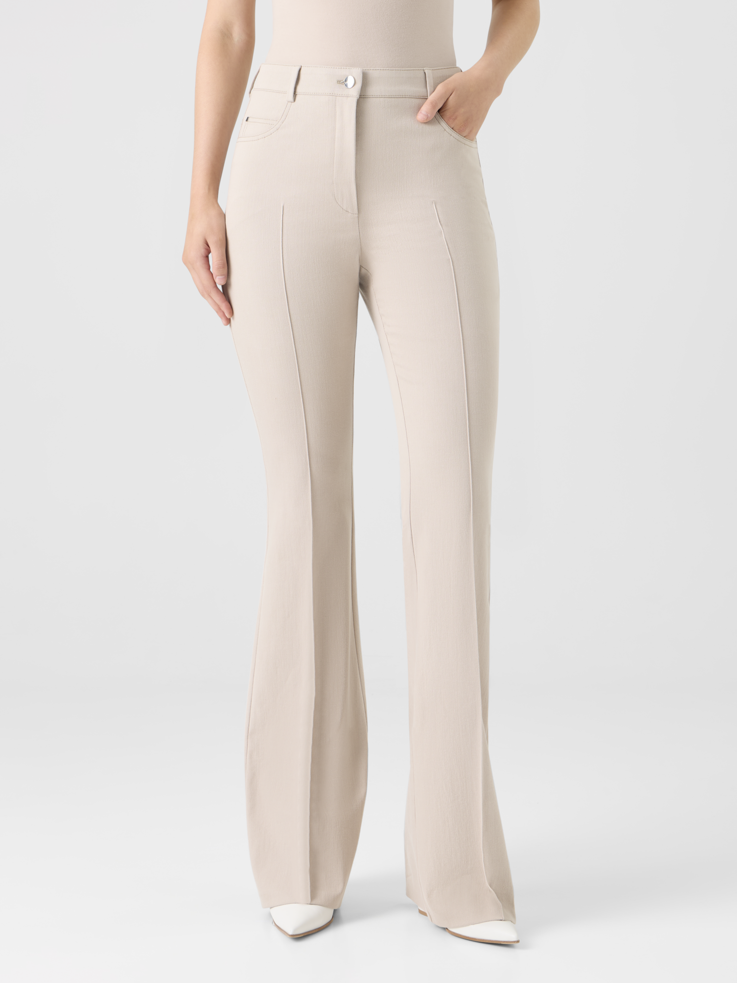 Designer Bootcut Cotton Denim Stretch Pants - beige 