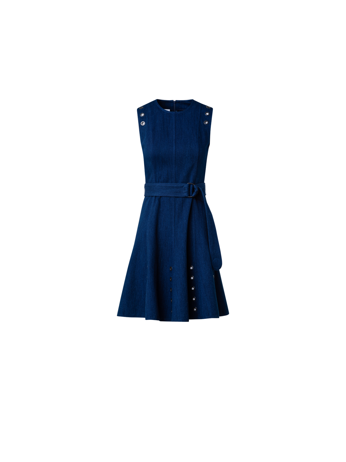 Designer A-Line Denim Stretch Dress with Eyelet Detail - navy - blue