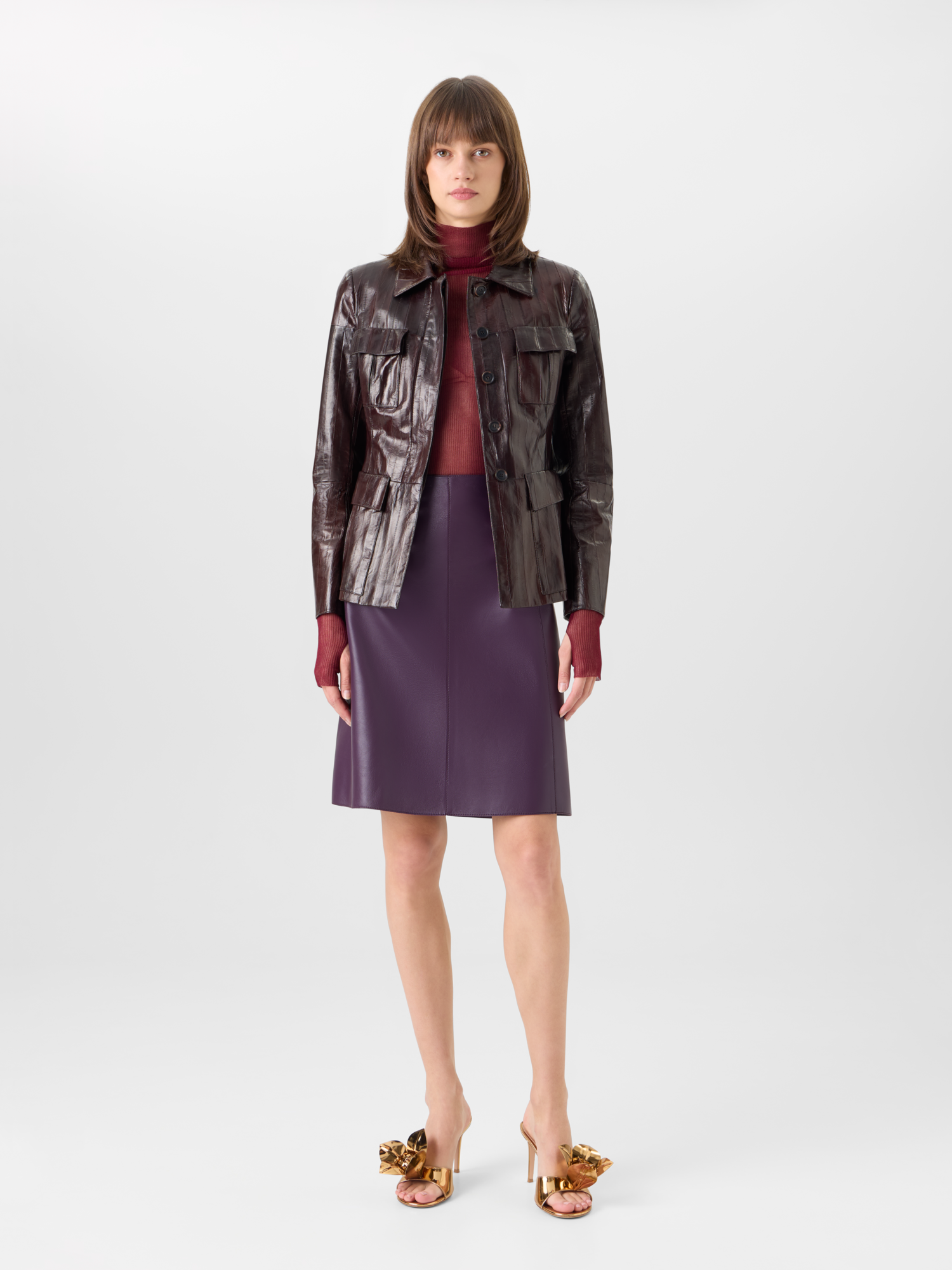 Designer Fitted Lacquered Eel Leather Jacket - brown 