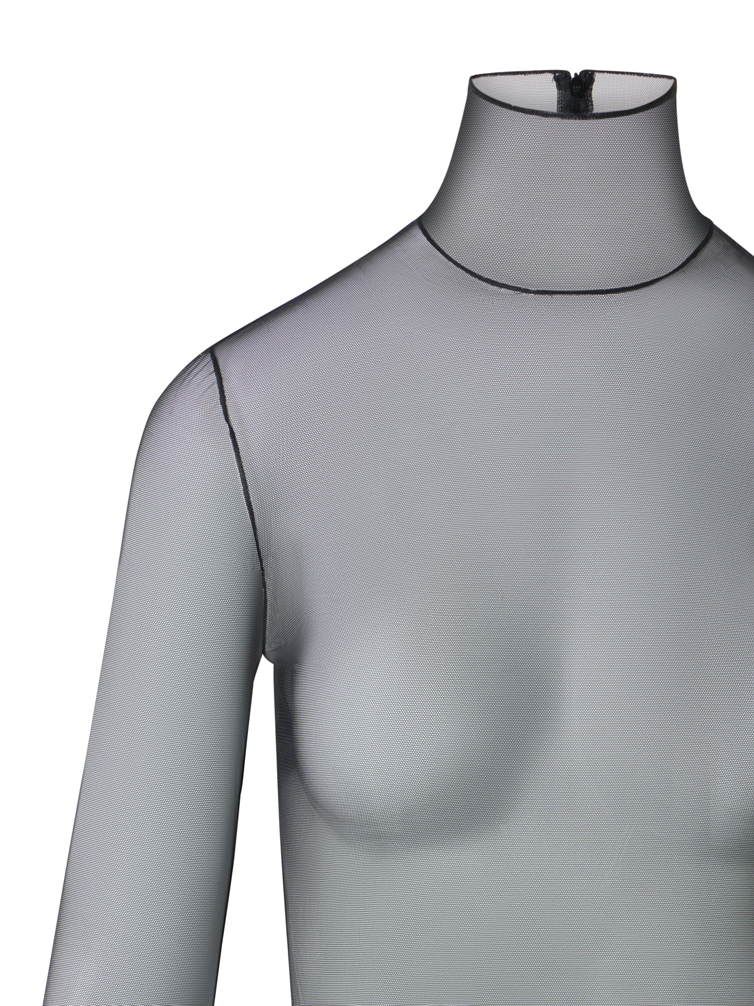 Designer Sheer Stretch Tulle Mock-Neck Top - black