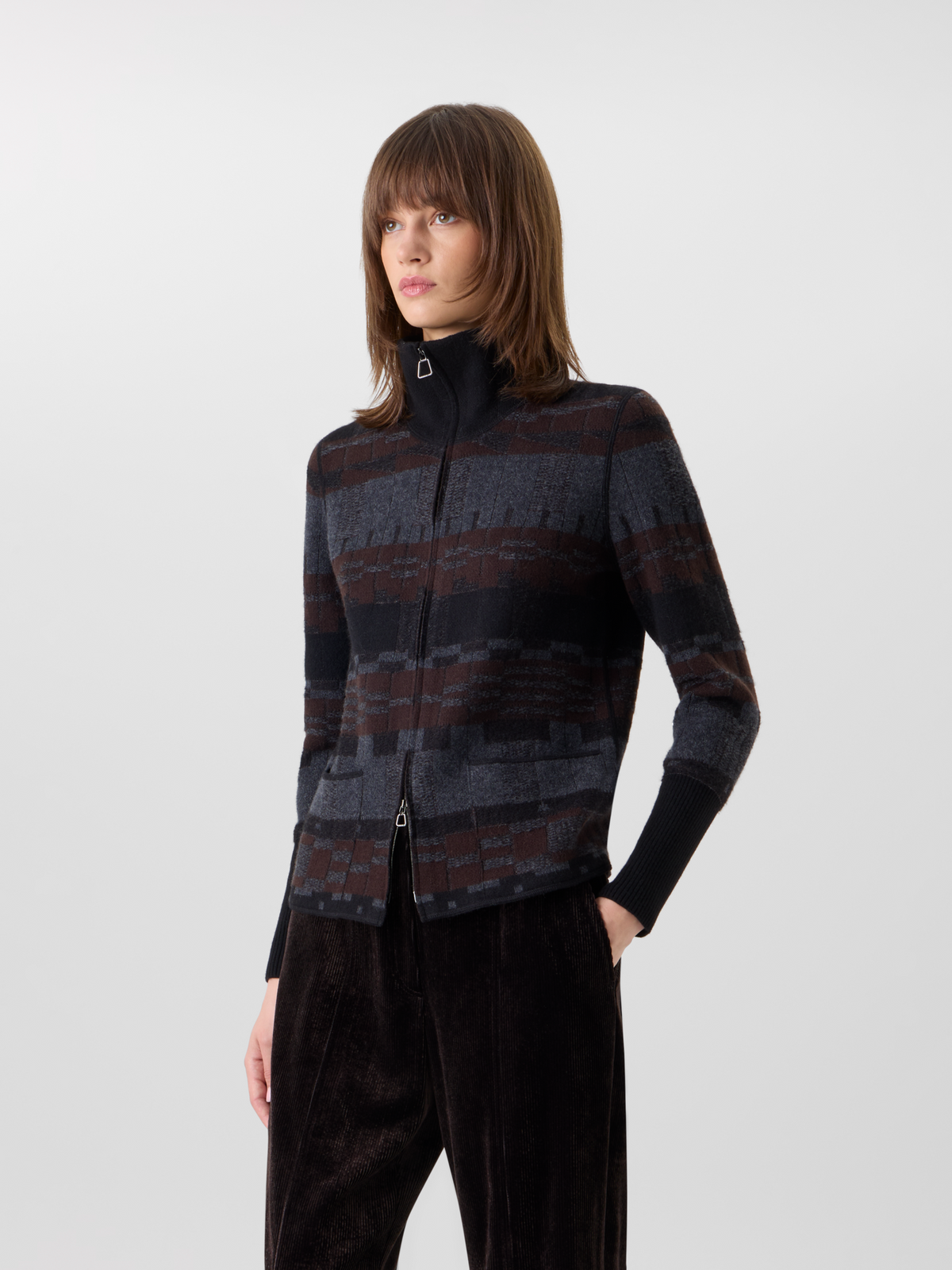 Designer Cashmere Jacquard Cardigan - multicolor - brown - grey #editorial