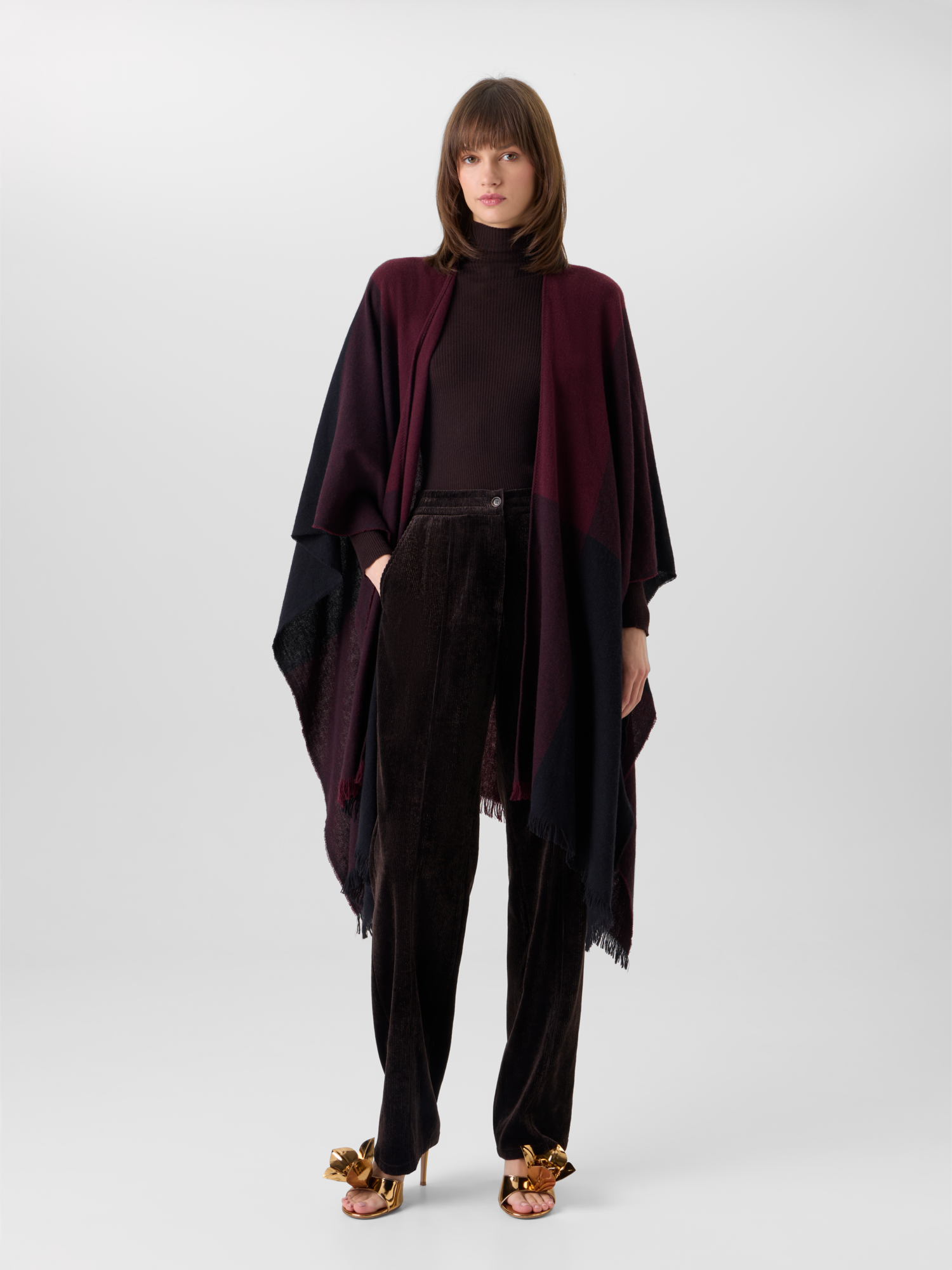 Designer Wool Cashmere Check Cape Scarf - red - wine 