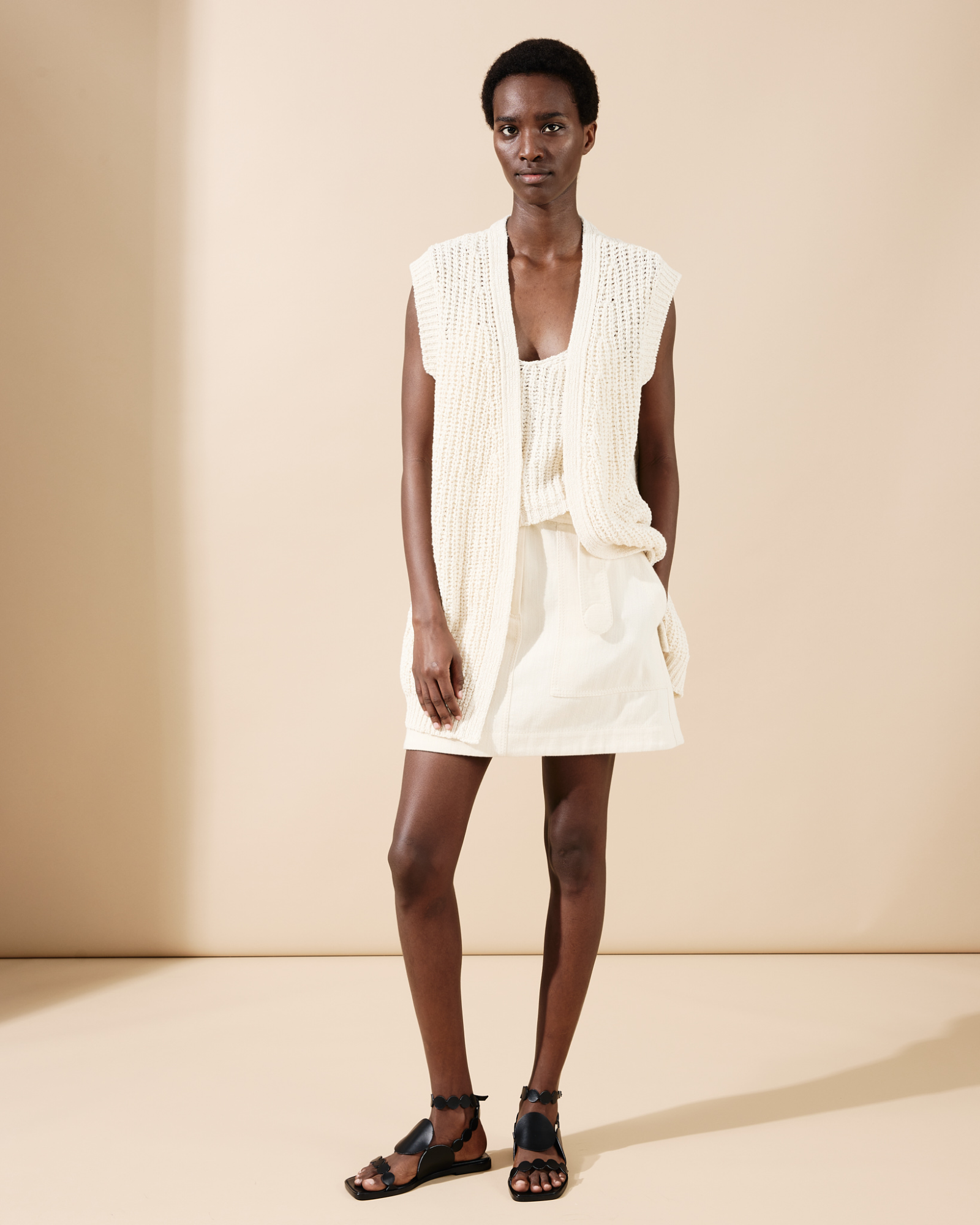 Designer Long Chunky Knit Gilet - neutral - beige 