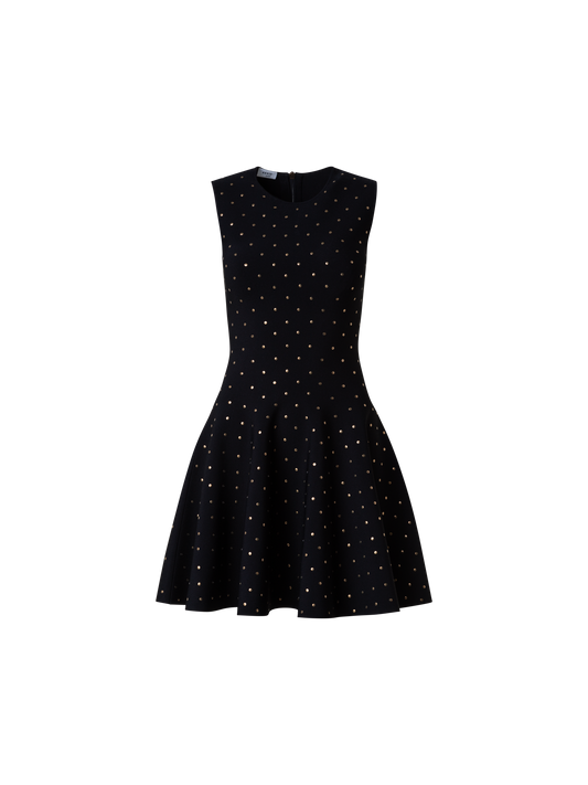Designer Fit and Flare Dress with Gold Polka Dot Studs - black