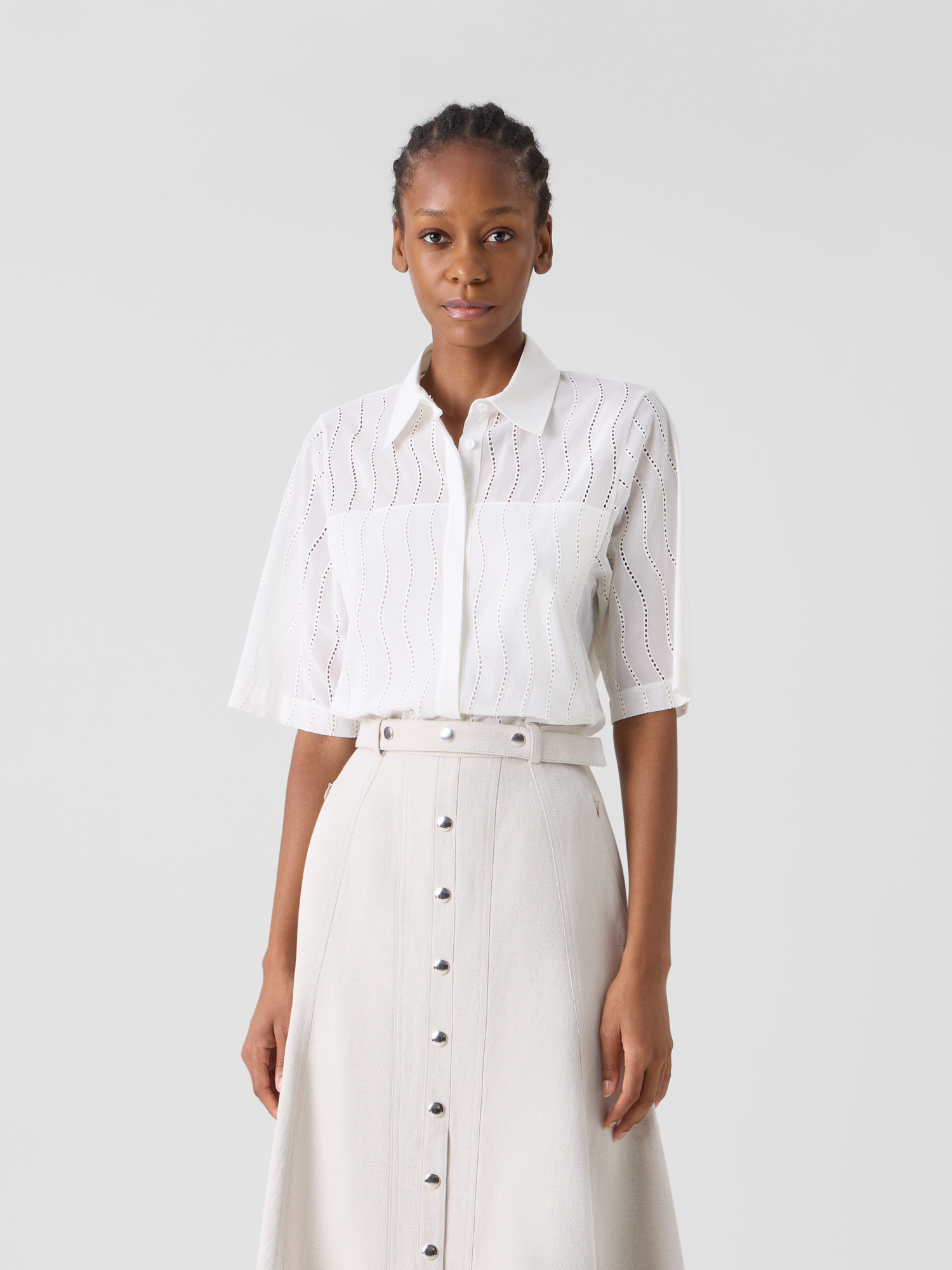Designer Embroidered Boxy Cotton Blouse - ecru 