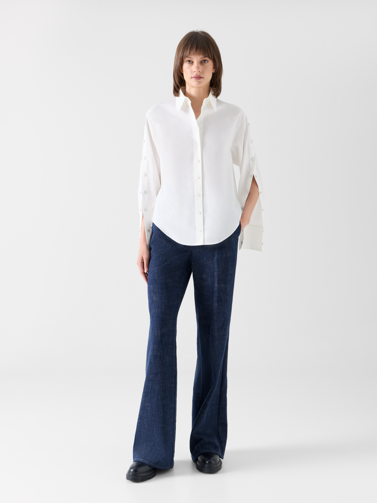 Designer Cotton Poplin Blouse with Snap-Button Slit Sleeves - ecru 