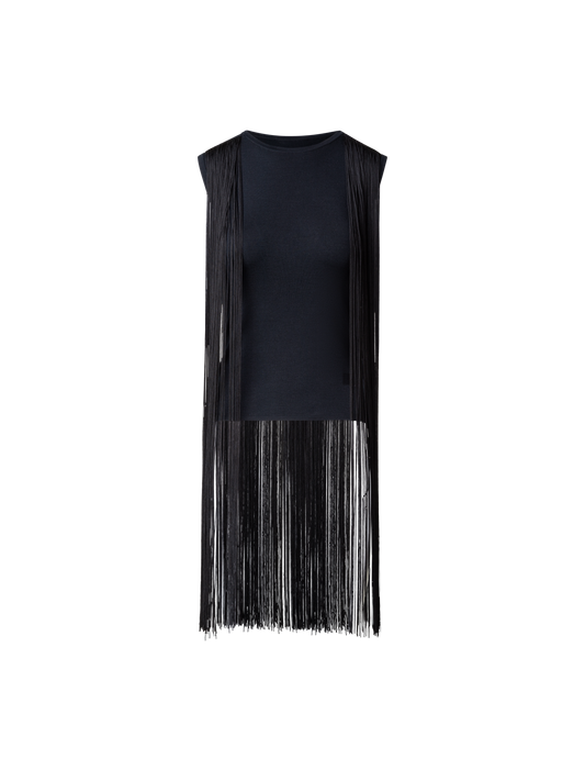 Designer Silk Lurex Top with Long Fringes - black