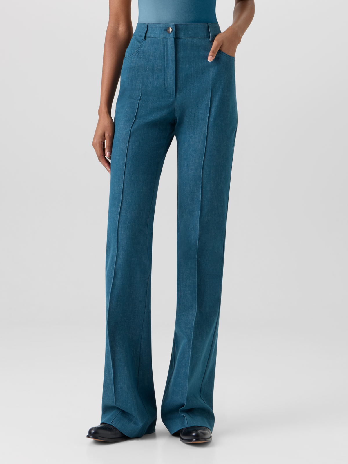 Designer Farid Bootcut Pants in Stretch-Cotton Denim - blue #editorial
