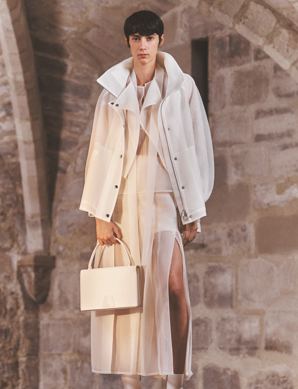 Designer Pleated Midi Skirt in Lined Techno Grid - neutral - white #editorial