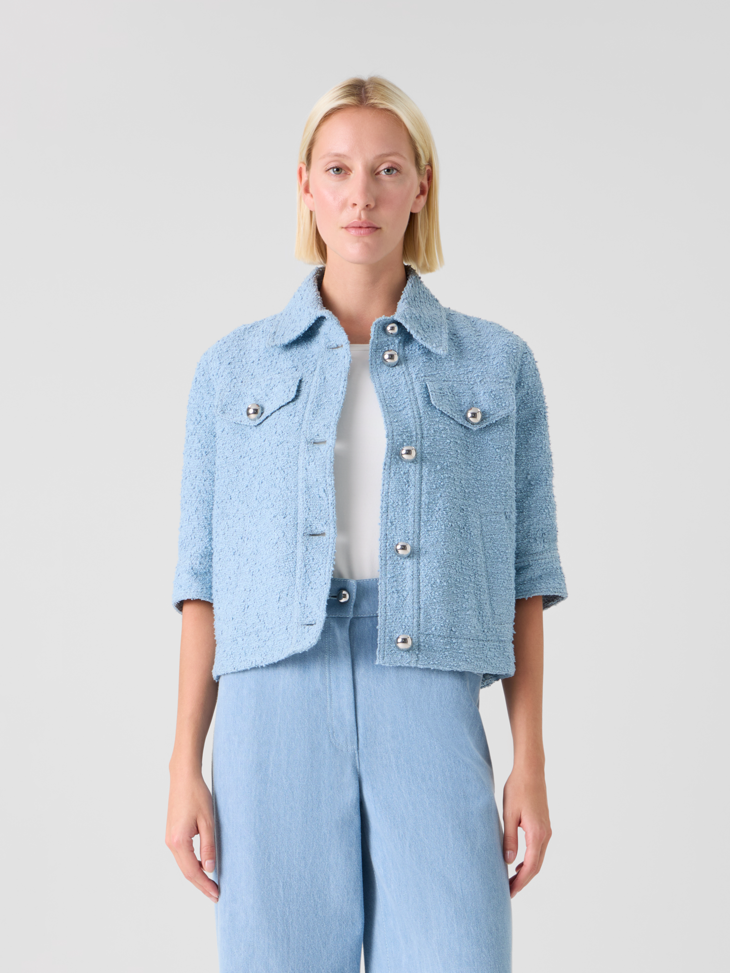 Designer Short Bouclé Cotton Summer Jacket - blue