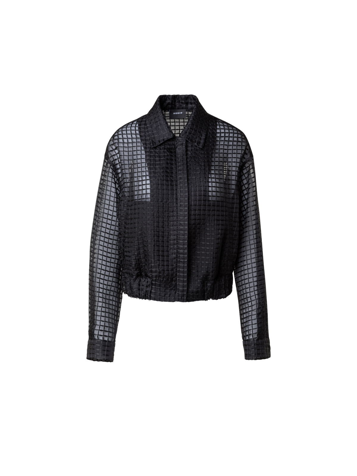 Designer Sheer Silk Blouson with Window Plaid Embroidery - black