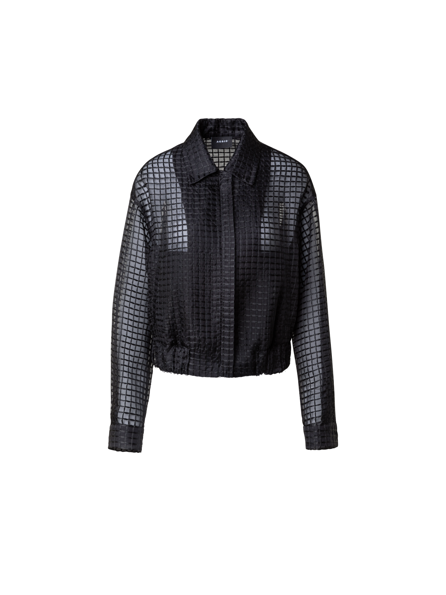 Designer Sheer Silk Blouson with Window Plaid Embroidery - black