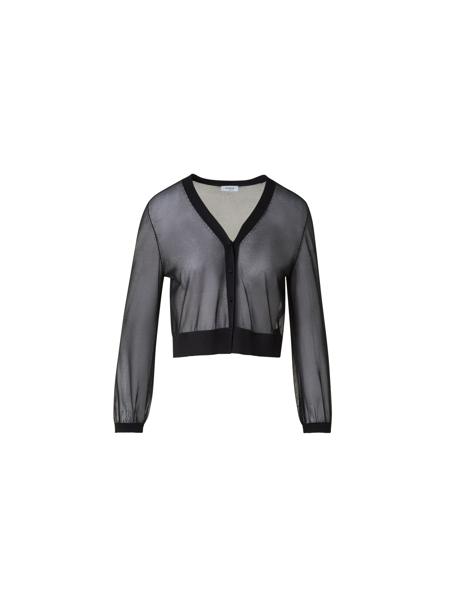 Designer Sheer Cropped Knit Cardigan with Volume Sleeves - black