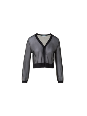 Designer Sheer Cropped Knit Cardigan with Volume Sleeves - black