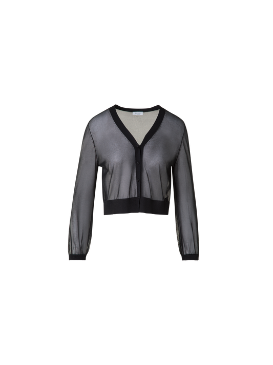 Designer Sheer Cropped Knit Cardigan with Volume Sleeves - black