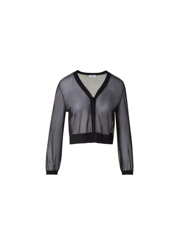 Designer Sheer Cropped Knit Cardigan with Volume Sleeves - black