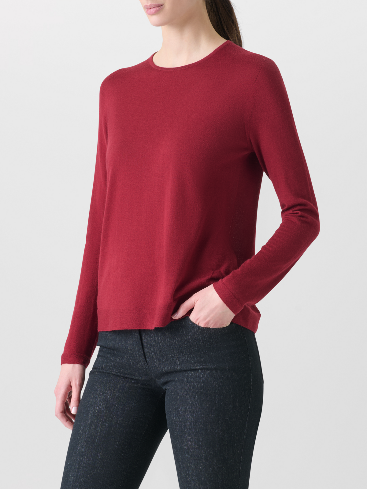 Designer Seamless Crew Neck Sweater in Cashmere Silk - wine - red #editorial