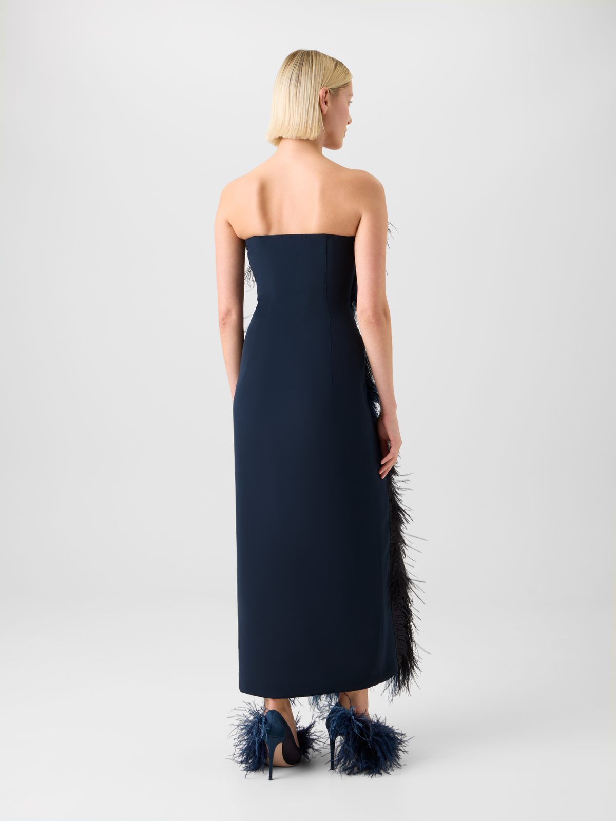 Designer Feathered Corsage Silk Gown with Slit - navy - blue - multicolor #editorial