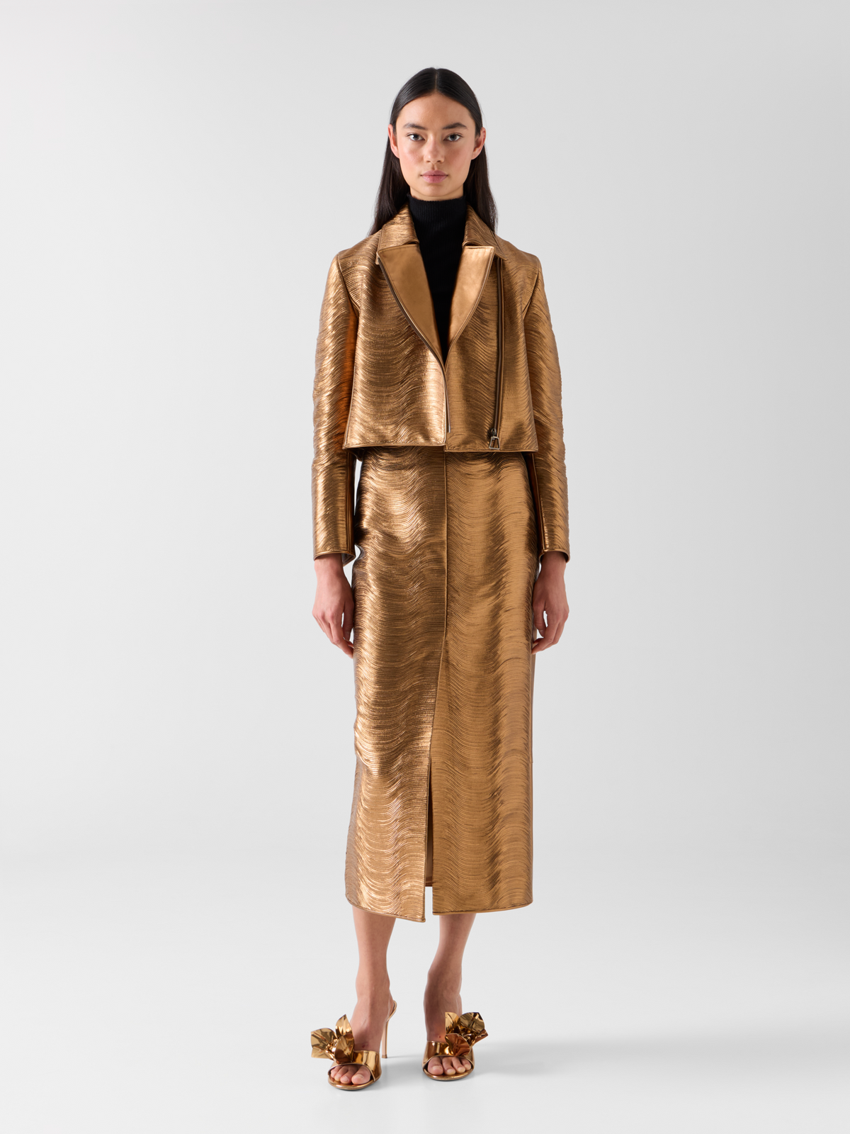 Designer Midi Pencil Skirt in Lamé Leather Stripe Embroidery - gold 