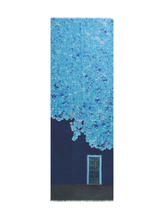 Designer Cashmere Silk Bougainvillea Porta Print Scarf - black - blue - purple - grey - pink