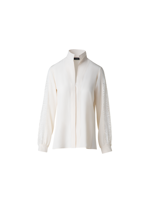 Designer Silk Blouse with Wave Lace - ecru - white