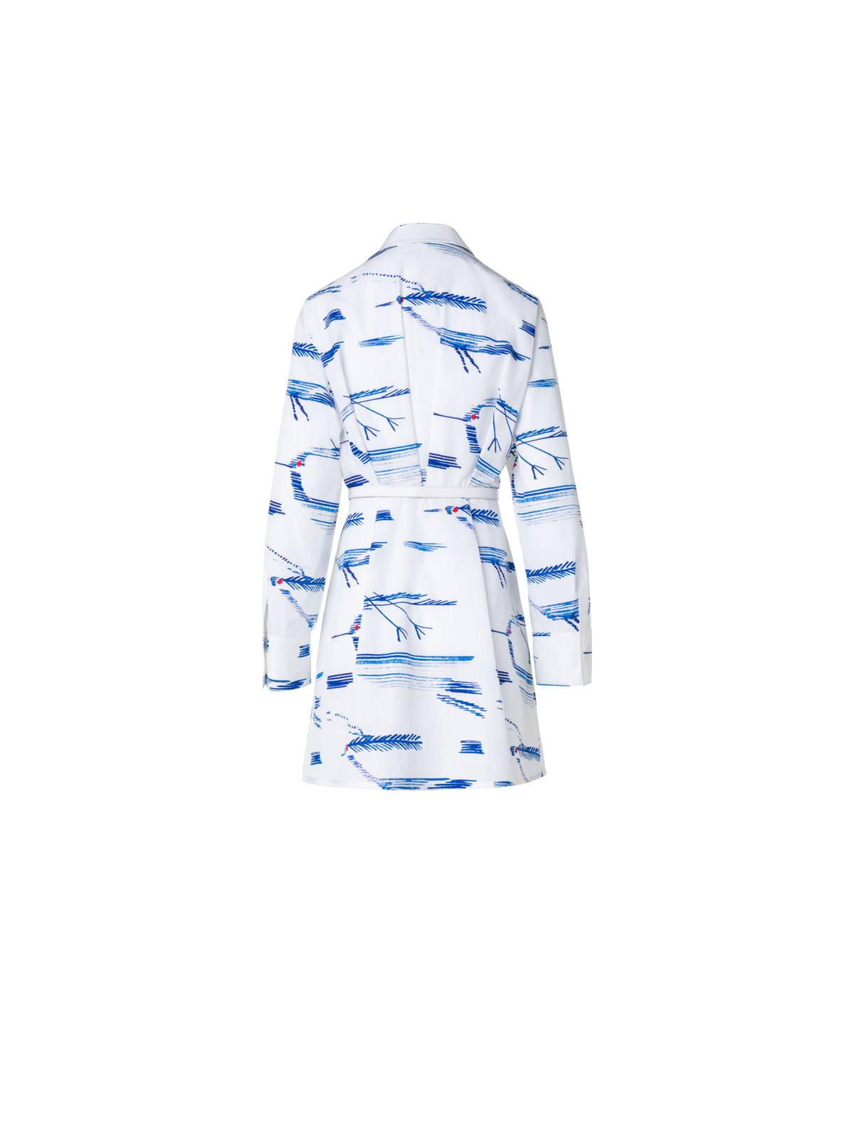 Designer Pleated Shirt Dress with Kasuri Birds Print - blue - multicolor - ecru - white