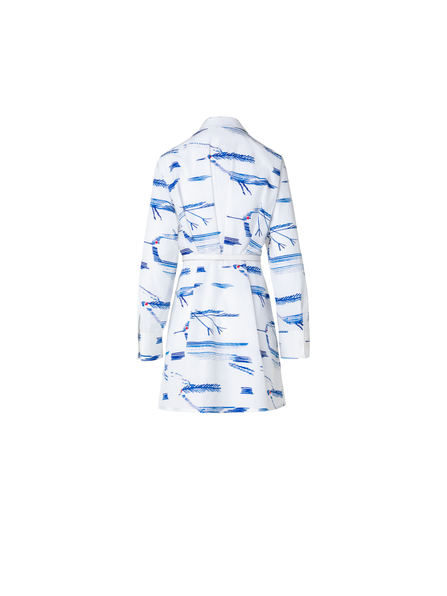 Designer Pleated Shirt Dress with Kasuri Birds Print - blue - multicolor - ecru - white