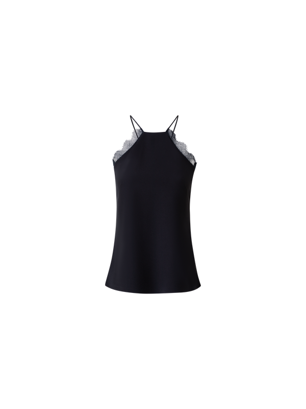 Designer Silk Crêpe Strap Top with Lace - black