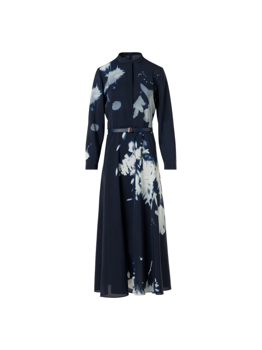 Designer Belted Midi Shirt Dress in Wildflower Print - neutral - navy - blue - multicolor