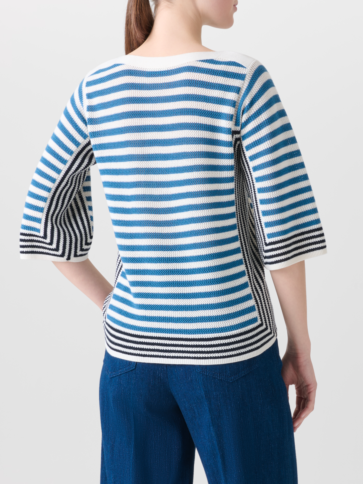 Designer Striped Volume-Sleeve Sweater in Merino Wool - blue - multicolor #editorial