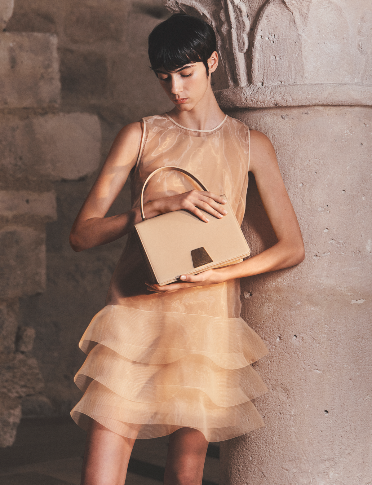 Designer Organza Mini Dress with Waves - pastel - beige #editorial