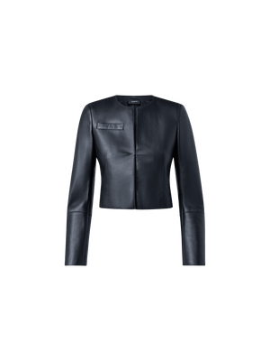 Designer Cropped Leather Jacket - navy - blue