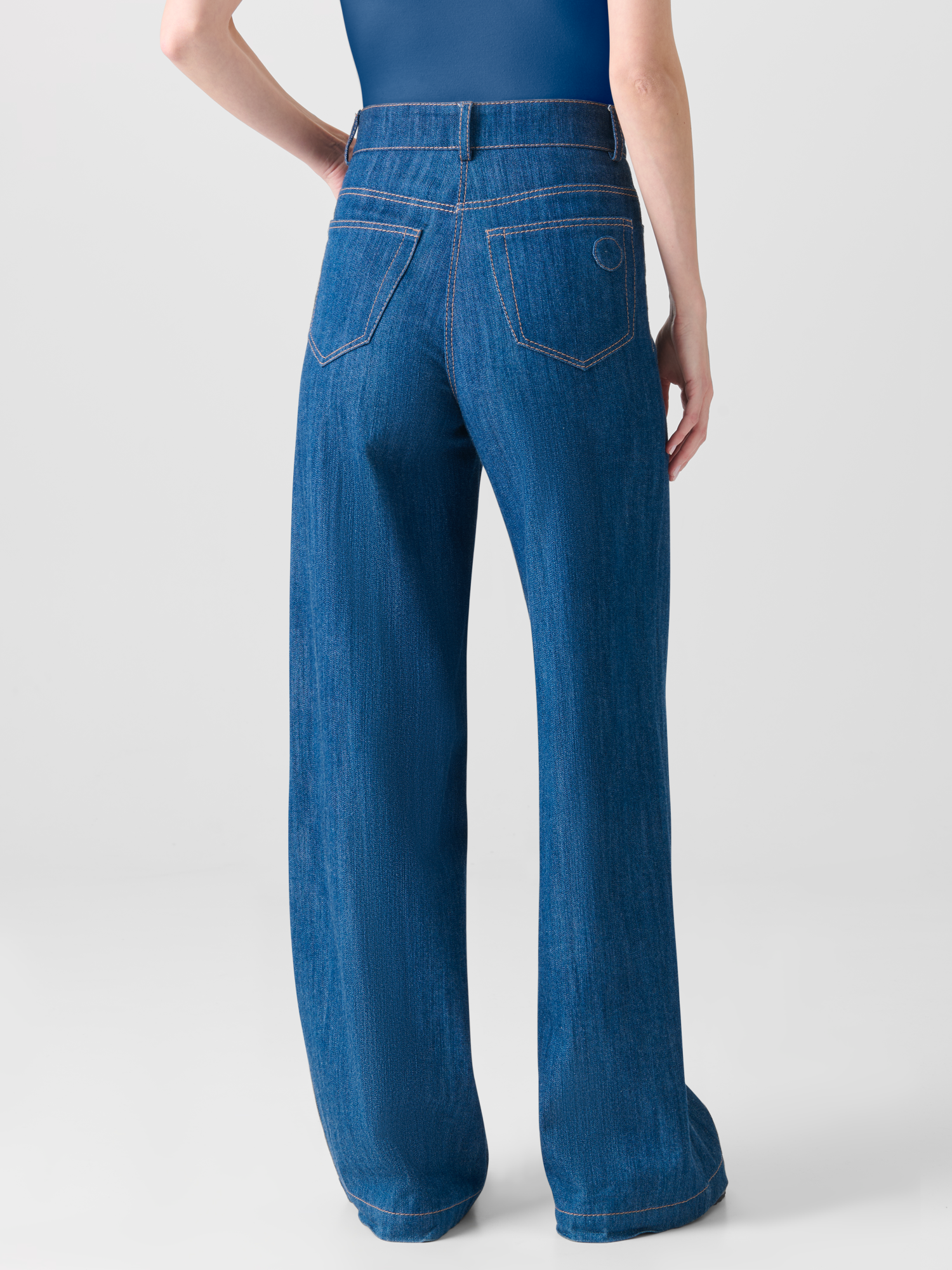 Designer Wide Cotton Denim Stretch Pants - blue 