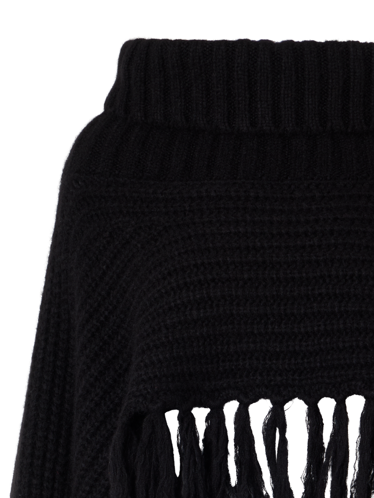 Designer Cashmere Silk Cape Scarf with Turtleneck and Fringes - black