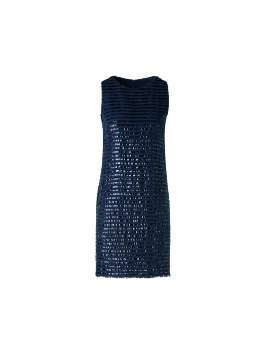 Designer Sheath Dress in Lamé Fringes Embroidery on Wool - navy - blue