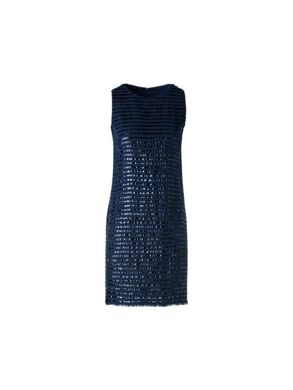 Designer Sheath Dress in Lamé Fringes Embroidery on Wool - navy - blue