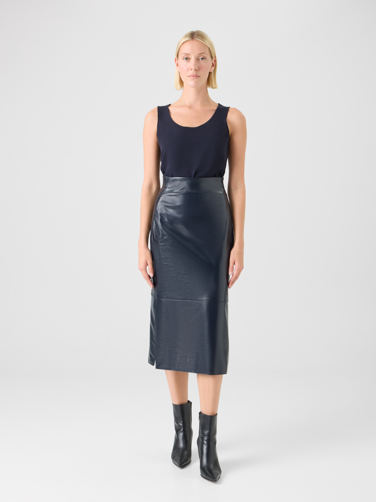 Designer Lacquered Nappa Leather Midi Pencil Skirt - navy #editorial