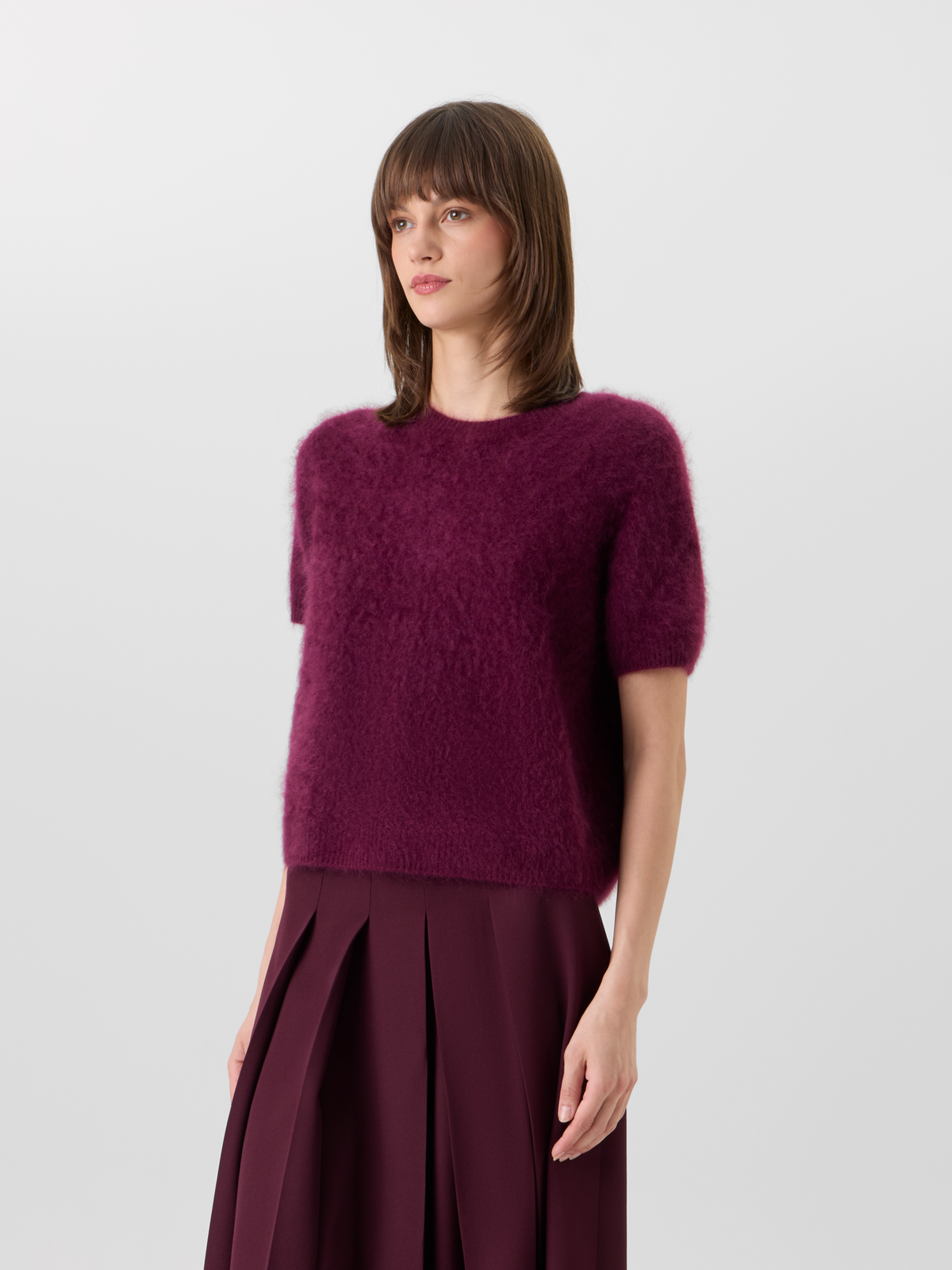 Designer Cloud Cashmere Knit Top with Short Sleeves - red - wine 